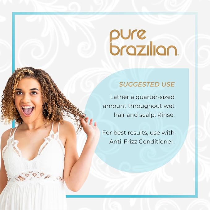 Pure Brazilian Anti-Frizz Daily Shampoo, Salt-Free, Color Safe, with Keratin, Argan Oil & Acai for Prolonged Treatment & Smooth Hair, 33.8 Fl Oz