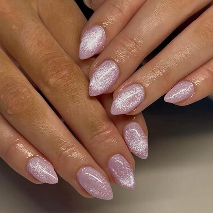 KQueenest Press On Nails Short - Pastel Light Pink Press On Nails Almond Shape, Glitter Cat Eye Fake Nails with Nail Glue, Reusable Cute Bright Gel Glue On Nails with Color-Shifting Glow, 30 Pcs