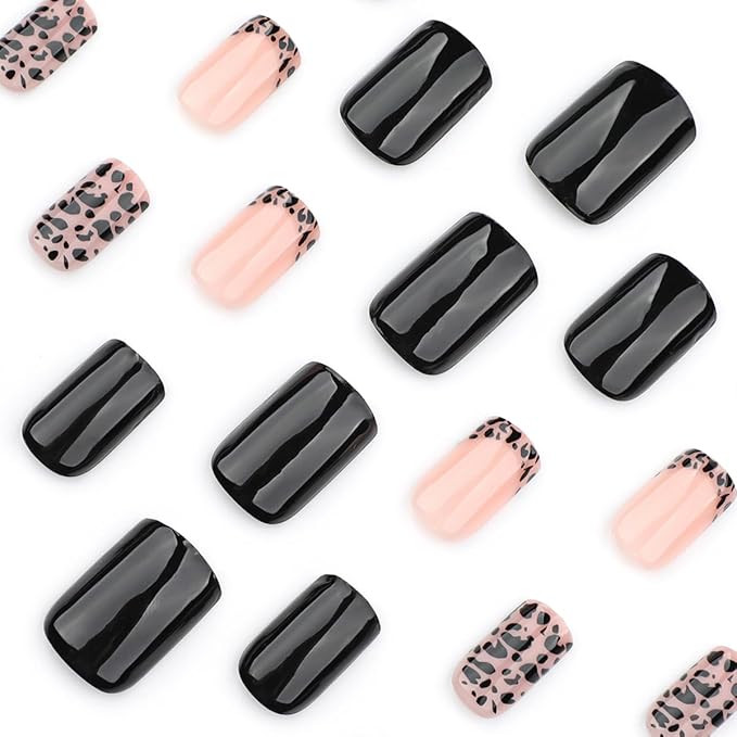 Leopard French Tip Press on Nails Short Square Shape Fake Nails Glossy Black and Pink Leopard Print Design Glue on Nails Full Cover Artificial Nails Short Stick on Nails for Women Girls, 24Pcs