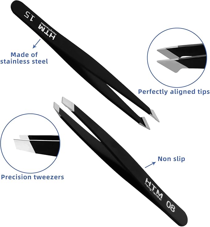 HengTianMei 8Pcs lash tweezers 3 Stainless Straight and 3 Curved Tip Eyelash Tweezers, With 2 Slant Pointed Precision Eyebrows Tweezers for eyelash extensions, Facial Hair, and Ingrown Hair Removal