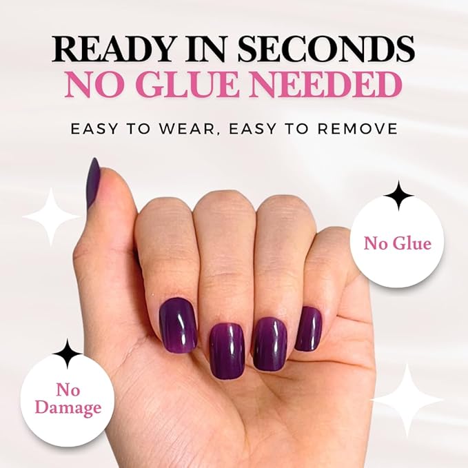 Perfect Look Press On Nails - Velvet Plum | No Glue One-Day Short Squoval Nails, Glossy Deep Purple Nails for Daily Wear - 24 Pcs Nail Kit with Adhesive Tabs