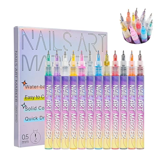12 Colors Nail Art Pens Set, 2026 New Nail Art Markers Polish Pen for Drawing, Dotting, and Painting, DIY Nail Art Liner Brush Kit Manicure Tools (1 Set)
