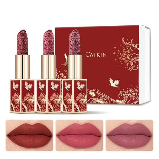 Catkin Lipstick Gift Set for Women, Full Coverage Velvet Semi-Matte Finish, Long Lasting Weightless with Hydrating Smooth Creamy Texture 0.13 oz x 3pcs