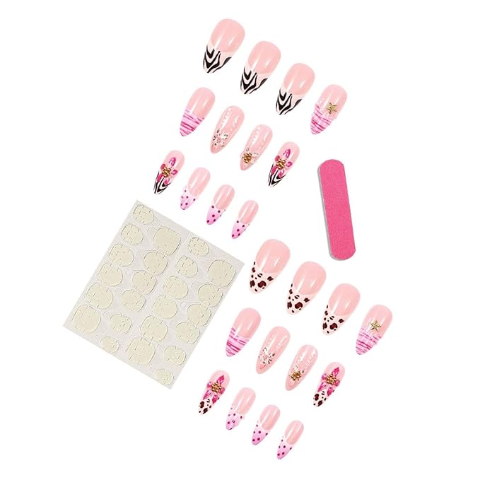 Long Almond Press on Nails Fake Nails Gradient Floral Animal Print Stick on Nail for Women 24pcs