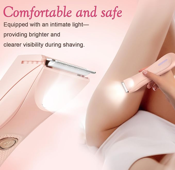 Riokko Bikini Trimmer for Women with LED Light and IPX7 Waterproof Dual Charging, Skin-Safe Cordless Pubic Hair Shaver with Battery Indicator