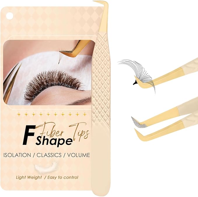 Beige Fiber Tip Lash Tweezers for Eyelash Extensions – F Shape for Isolation, Professional Precision Tweezers for Lash Technicians