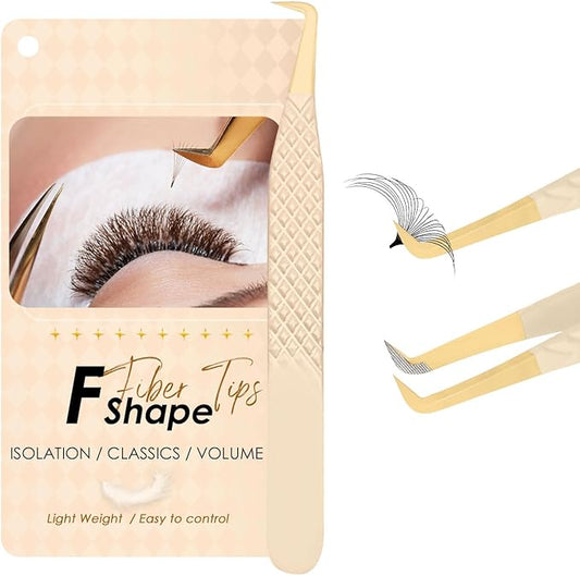 Beige Fiber Tip Lash Tweezers for Eyelash Extensions – F Shape for Isolation, Professional Precision Tweezers for Lash Technicians