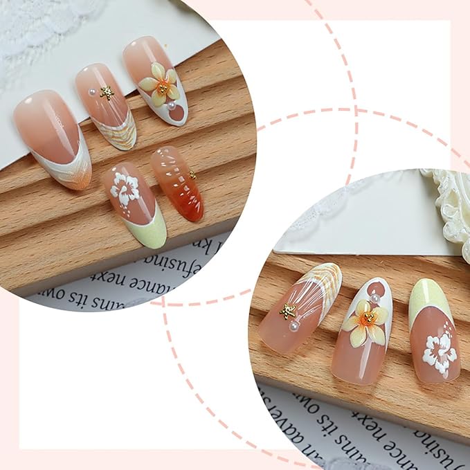 24Pcs Yellow French Tip Press on Nails Almond Medium Summer Fake Nails 3D Flower with Gold Starfish Glitter Designs Full Cover Beach False Nails Ocean Theme Stick on Nails for Women Manicure Salon