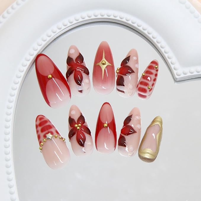 24Pcs Red Flower Press on Nails Medium Almond French Tip Fake Nails with 3D Gilding Star Line Design Gold Rhinestones False Nails Glossy Stick on Nail Full Cover Artificial Glue on Nails For Women DIY