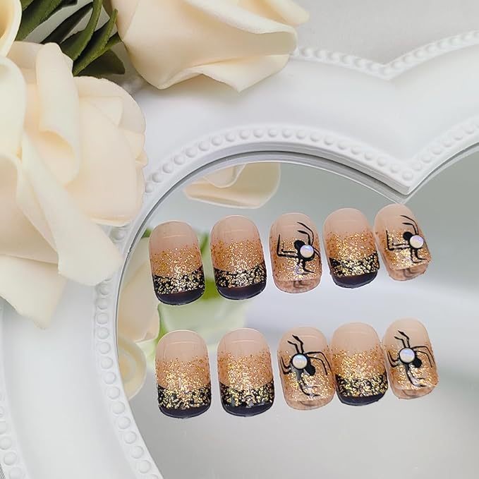 Halloween Press on Nails Short Square Fake Nails Orange Black Gradient French Tip False Nail with Spider Design Full Cover Glitter Stick on Nails Cute Halloween Acrylic Nail for Women Manicure 24Pcs
