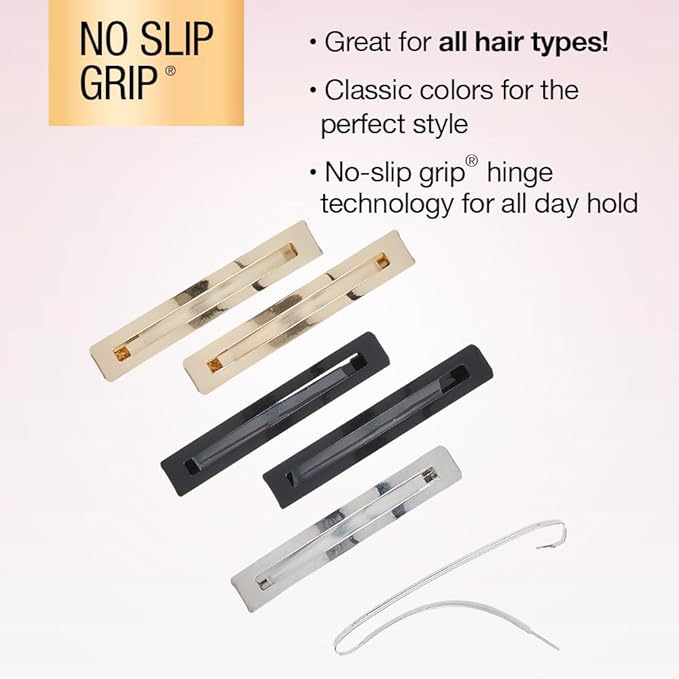 Scunci by Conair No-Slip Grip Stay Tight Barrettes - hair barrettes for women - hair accessories for women - hair clips - Gold, Black and Silver - 6 Count
