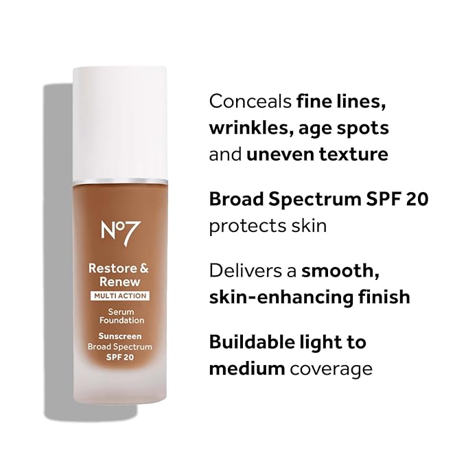 No7 Restore & Renew Multi Action Serum Foundation - Warm Beige - Liquid Foundation Makeup with Vitamin C, Vitamin E & Collagen for Face - Beauty Skin Serum Formula with Medium Coverage (30ml)