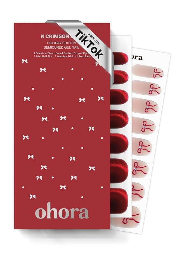 ohora Semi Cured Gel Nail Strips (N Crimson Bow) - Works with Any Lamps, Salon-Quality, Long Lasting, Easy to Apply & Remove - Includes 2 Prep Pads, Nail File & Wooden Stick