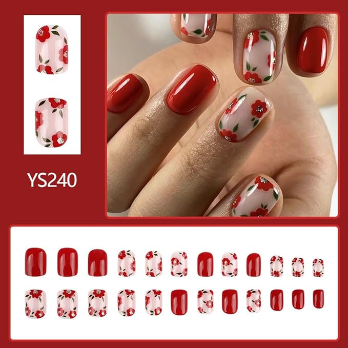 Small Flower Press on Nails Short Square Fake Nails Glossy Red False Nails with Cute Flowers Designs Full Cover Glue on Nails Spring Summer Acrylic Nails Short Floral Artificial Nails for Women 24PCS