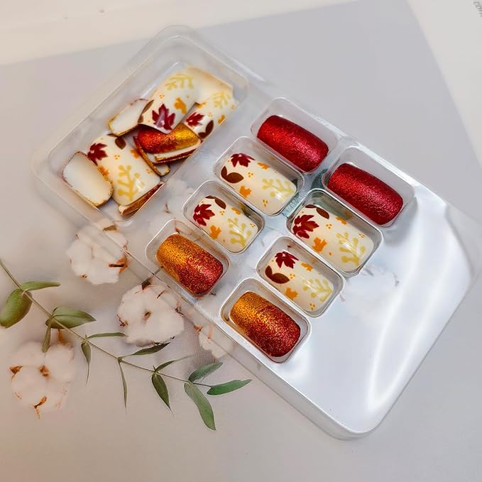 24pcs Short Square Press on Nails Glitter Fall Fake Nails Red Autumn Maple Leaves Glue on Nails Full Cover Acrylic Stick on Nails for Women DIY Fall Maple Leaf Nail Art Manicure Decor