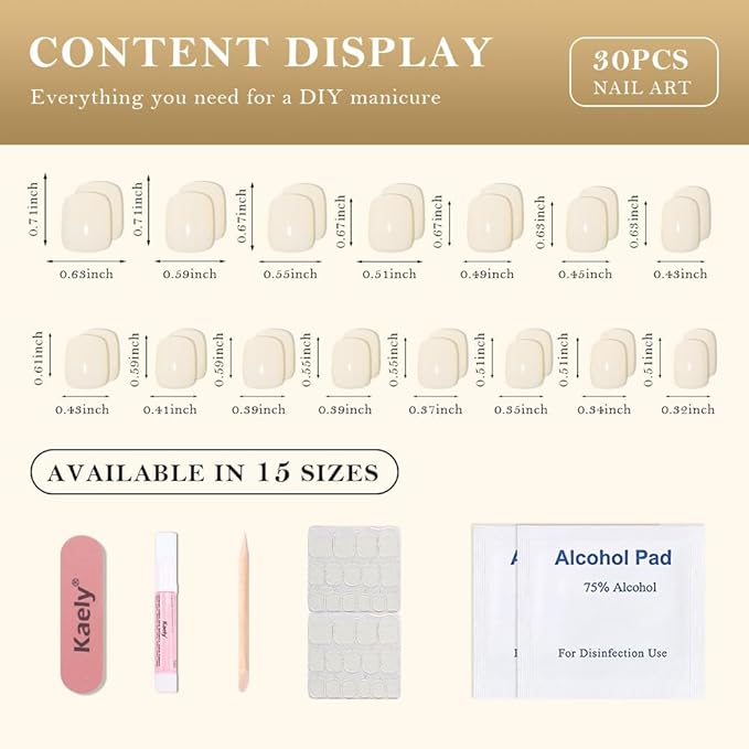 evpct Acrylic Beige Glossy Press on Nails Short Square, Glossy Beige Fake Nails Reusable False Nail Stick Glue on Press ons for Women Gifts, Perfectly Fit Durable False Nail Kit with Gel Glue 30Pcs