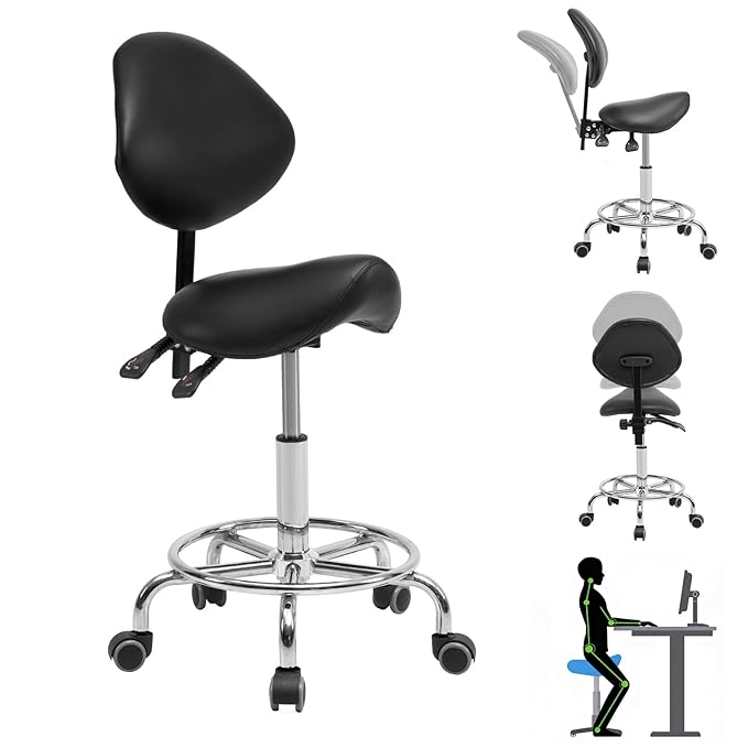 Tatub Saddle Stool, Rolling Stool with Back Support, Ergonomic Saddle Chair, Adjustable Stool with Wheels for Salon, Tattoo, Spa, Dentist, Massage, Office