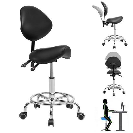 Tatub Saddle Stool, Rolling Stool with Back Support, Ergonomic Saddle Chair, Adjustable Stool with Wheels for Salon, Tattoo, Spa, Dentist, Massage, Office