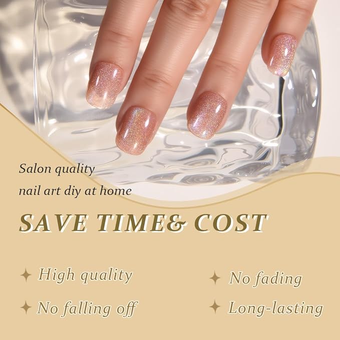 evpct Ndue Pink Cat Eye Short Press on Nails Square, Short Square Glue on Nails for Women Gift, Iridescent Colorful Metallic Glitter Glossy Reusable Stick Gel Press on Acrylic Fake Nail with Design