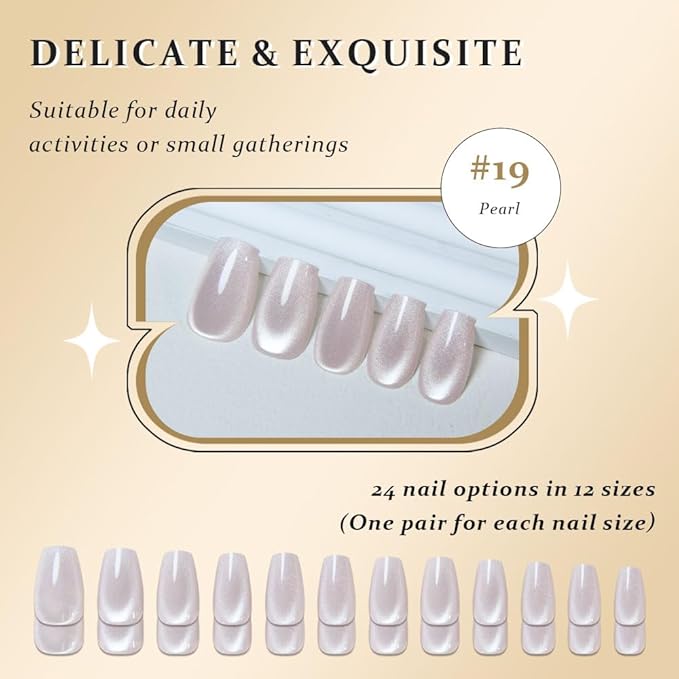evpct Pearl White Nude Cat Eye Coffin Press on Nails Square Medium, Glue on Nail Medium Square for Women Gift, Pearl Metallic Glitter Glossy Reusable Soft Gel Press on Acrylic Fake Nail with Designs