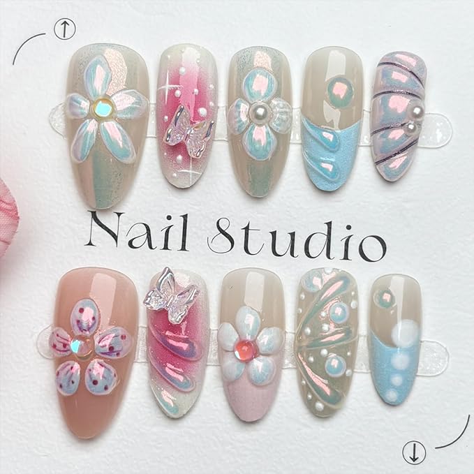 Handmade Press on Nails Almond Fake Nails with 3D Flower Designs Pearls Butterfly Charms French Tip False Nail Aurora Medium Acrylic Stick on Nails Full Cover Embossed Flower Nails for Women,30pcs