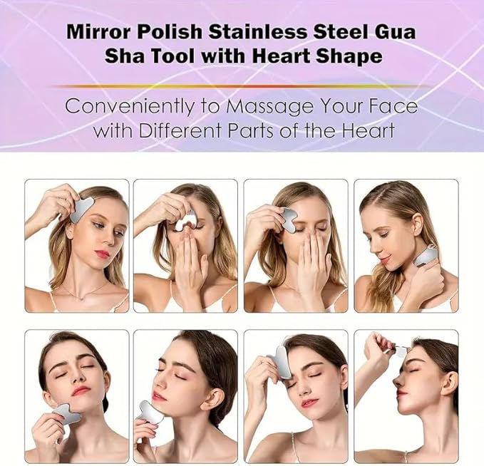 Stainless Steel Gua Sha Facial Tool - Facial Gua Sha Tool, Facial Contouring Tool, Jawline Contourer, Double Chin Reducer, Body Gua Sha Tool, Lymphatic Drainage Massager, Facial Skin Care - Silver