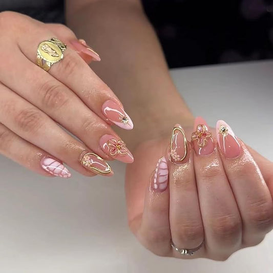 24Pcs Spring Flower Press on Nails Short Almond Fake Nails with 3D Floral Star Pearls Charms Glue on Nails Gold Chrome False Nails Pink French Tip Acrylic Press ons Stick on Nails for Women Girls
