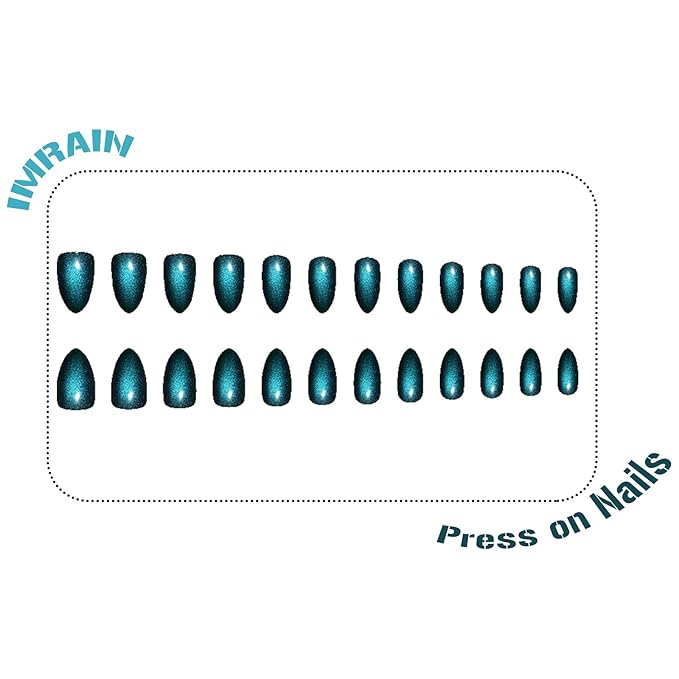 IMRAIN Cat's Eye Press on Nails Medium Almond Fake Nails Dark Blue Glossy Glue on Nails Full Cover Acrylic False Nails Stick on Nails Stiletto Artificial Nail Supplies for Women Girls 24Pcs