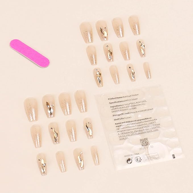 Hkanlre Bling Coffin Press on Nails Fake Nails Tips Full Cover Medium False Gradient Nails for Women and Girls 24PCS (Gold Coffin)