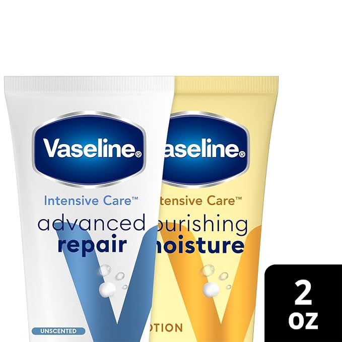 Vaseline Intensive Care Lotion Bundle – Advanced Repair Unscented Lotion & Nourishing Moisture Hand & Body Lotion for Extremely Dry Skin, 2 Oz Ea (2 Piece Set)