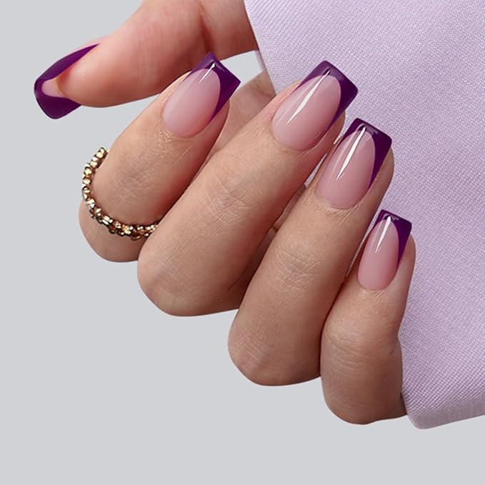BTArtboxnails XCOATTIPS Purple French Tip Press On Nails - Short Press On Nails Square, Soft Gel Nail Tips, 160Pcs Soak Off Acrylic Pink Fake Nail Extension in 16 Sizes