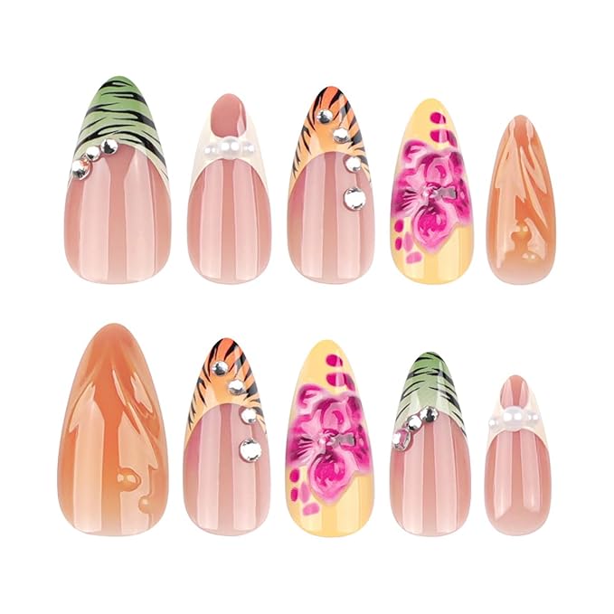 24Pcs Leopard Print French Tip Press on Nails Medium Almond Fake Nails with Rhinestones Design Glossy Nude Brown False Nails 3D Fall Flower Acrylic Nails Glue on Nail 24Pcs Nail Kit for Women Manicure