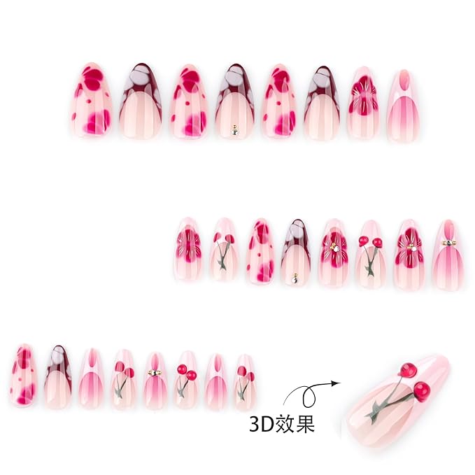 Medium Almond Press on Nails Red cherry French False Nails with 3D Designs Coffin Nails Full Cover Artificial Stick on Nails Reusable Acrylic Nails Glue on Nails for Women Manicure Kit 24PCS