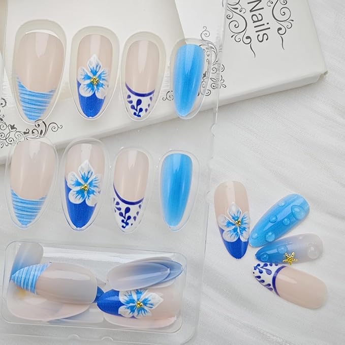 24Pcs Blue Flower Press on Nails Short Almond French Tip Fake Nails 3D Gold Rhinestones Flower Core Design Summer Starfish False Nails Cute Stick on Nails Full Cover Glue on Nails for Women Acrylic