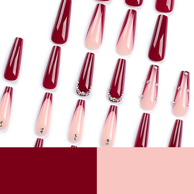 Red Press on Nails Classic French Tip with Sparkling Rhinestones Long Coffin Fake Nails Burgundy Nails Full Cover Glossy Glue on Nails for Women 24PCS
