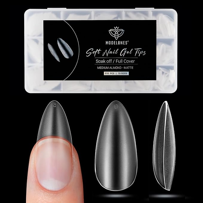 Modelones Medium Almond Nail Tips, 510Pcs Fake Nails Gel Tips Pre-shaped Full Matte Cover False Acrylic Extensions No Filed Stronger Press on Manicure 15 Sizes