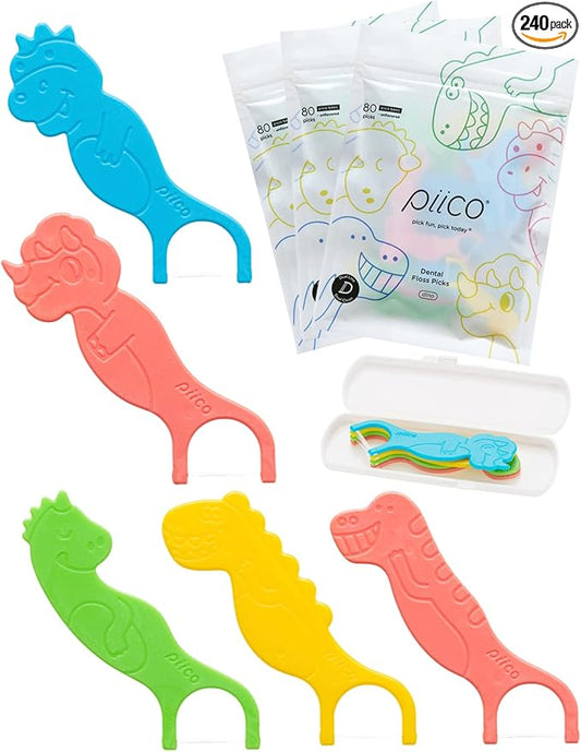 Piico Unflavored Kids Floss - No Fluoride Dual Line Dental Floss Picks - Fun Oral Care in Colorful Floss Sticks Design - Kids Flossers Prevent Tooth Decay & Gum Disease - 240 Count Dino & Travel Case