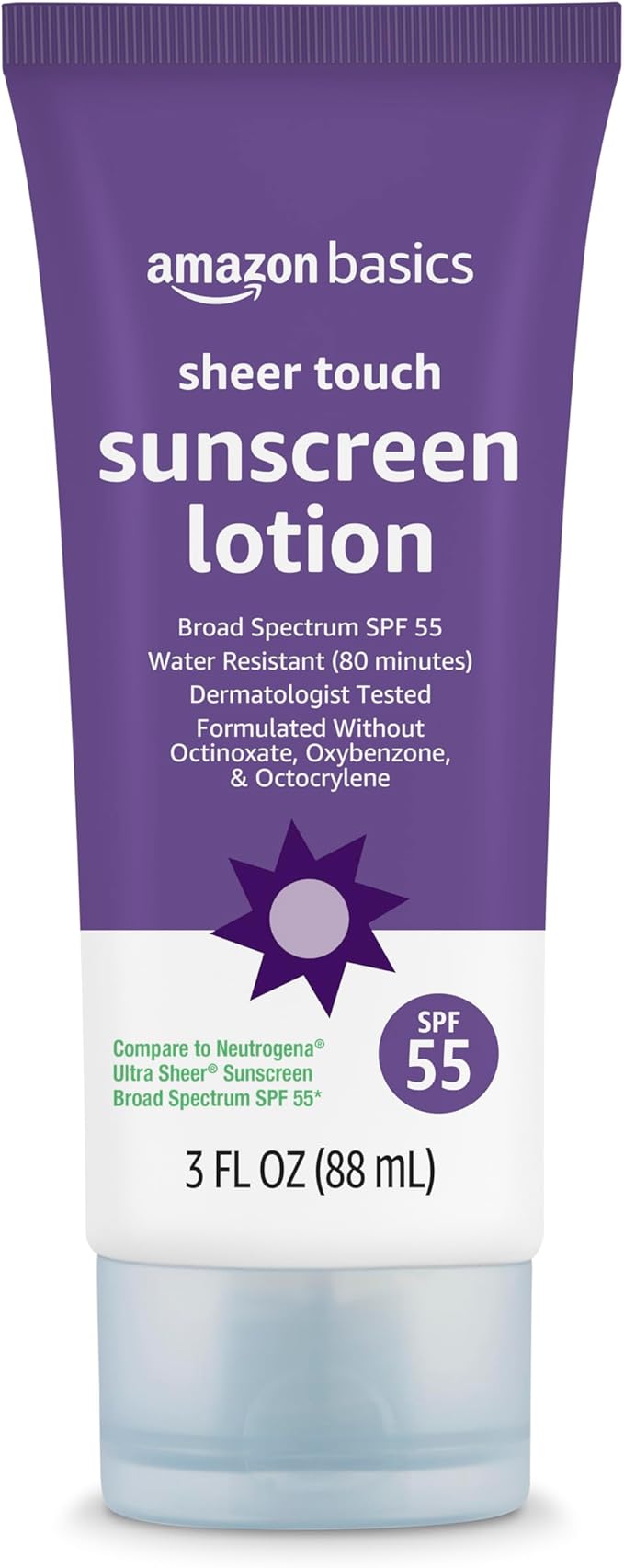 Amazon Basics Sheer Facial Sunscreen SPF 55, UVA/UVB Protection, Water Resistant (80min), Formulated without Octinoxate & Oxybenzone, 3 fl oz (Pack of 1) (Previously Solimo)