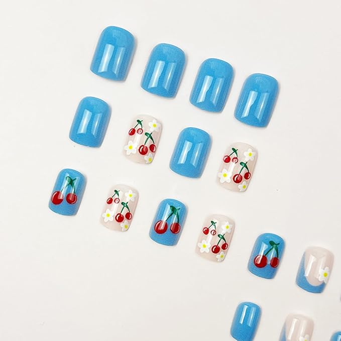 Cherry Press on Nails Short Square Fake Nails Flower False Nail Floral Glossy Full Cover Acrylic Nail Blue Glue on Nails Artificial Cute Stick on Nail for Women Manicure 24Pcs