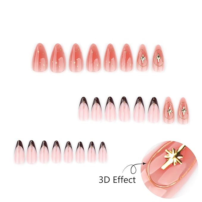 Medium Press On Nails Almond– 3D Gold Star Accent Brown French Tips, 24Pcs Reusable Acrylic Fake Nails, Glossy Stick On Nails with Designer Details, DIY Manicure Kit with Glue & Tools for Women