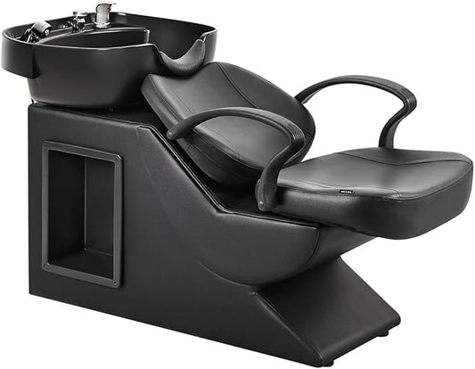 Shampoo Bowl and Chair Set for Salon, Hair Washing Station for Hair Stylist, ABS Shampoo Bowl Sink Chair with Side Store Compartment for Spa Beauty Barbershop, Black