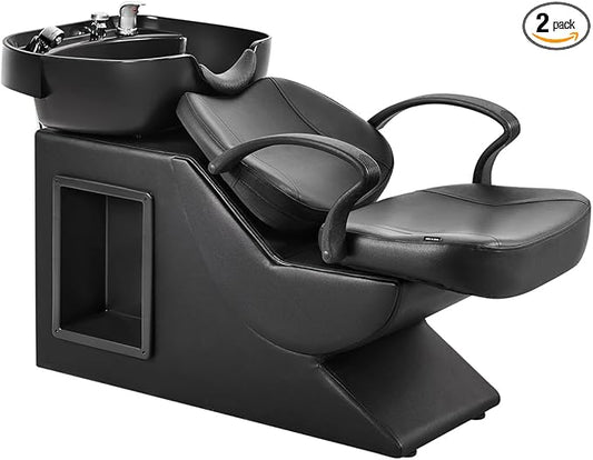 Shampoo Bowl and Chair Set for Salon, ABS Plastic Hair Washing Sink Unit for Hair Stylist, Backwash Barber Sink with Side Store Compartment for Spa Beauty, Black