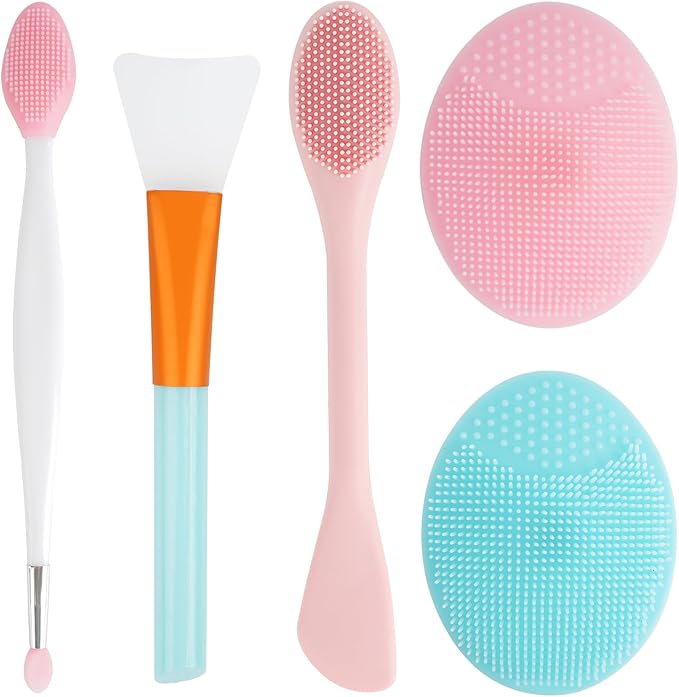 5PCS Silicone Face Scrubber Brushes Set- 2PCS Facial Cleaning Brush Exfoliator Tools- 1PCS Silicone Face Mask Applicator- 2PCS 2 in 1 Face Mask Brush Nose Lip Scrubber Skin Care Tools