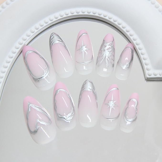 24Pcs Silver Press on Nails Medium Almond Fake Nails Silver Lines Full Cover Gradient Pink White Nails Glue on Nails Chrome Designs Y2k False Nails Stick on Nails for Women Girls Acrylic Nails DIY