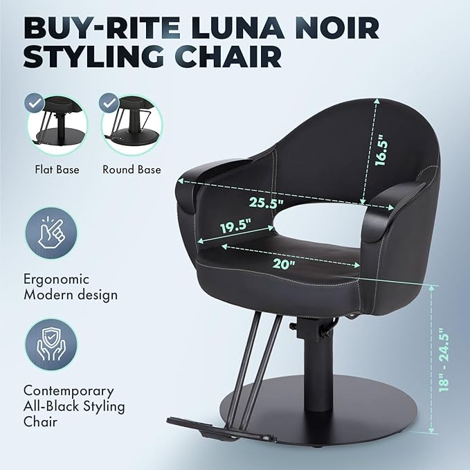 Buy-Rite Luna Noir Styling Chair – Professional Salon & Barber Chair with Mid-Century Design, Stitch Pattern, Black Metal Arms, Hydraulic Base, Easy-Clean Vinyl, YLG-356-BLK (Black Flat Round Base).
