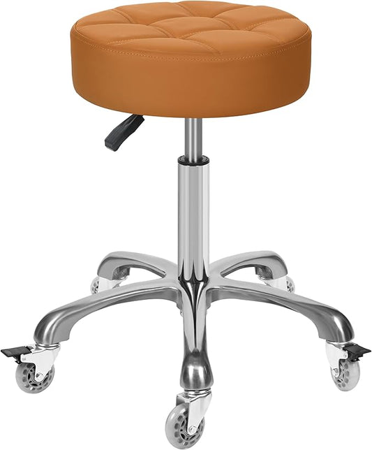 Adjustable Heavy Duty Stool - Rolling Stools with Locking Caster Wheels - Swivel Stools Backless Chair for Beauty Hair Salon Spa Home Kitchen Office Shop Massage (Camel, Height 18 to 22 in)