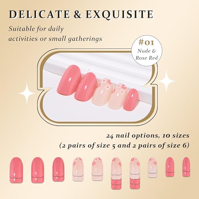 evpct Press on Nails Oval Short, Nude Rose Red Press on Fake Nails with Floral Designs Reusable Stick on Nails for Gift, Soft Gel Press Glue On False Nail 2 Colors in 1 Supremely Fit Full Cover 24Pcs