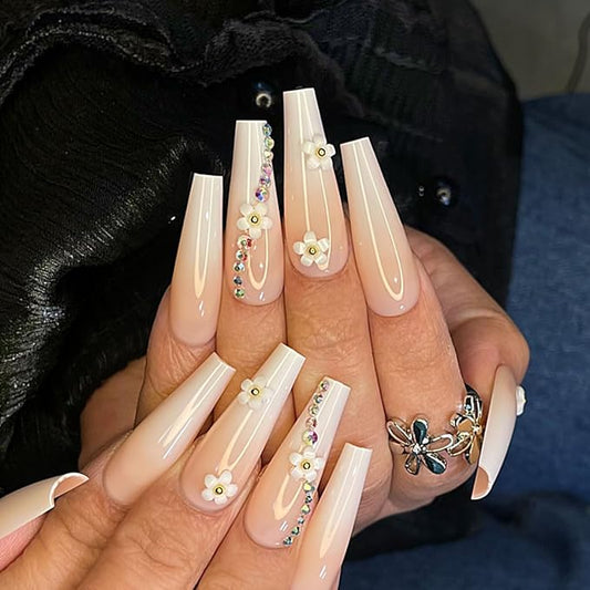 Yivaiks Pink Press on Nails with Charms Long Fake Nails with Designs Glue on Nails Press ons Rhinestones Coffin Artificial Nails for Women Nude Nails False Nail Kit 24pcs