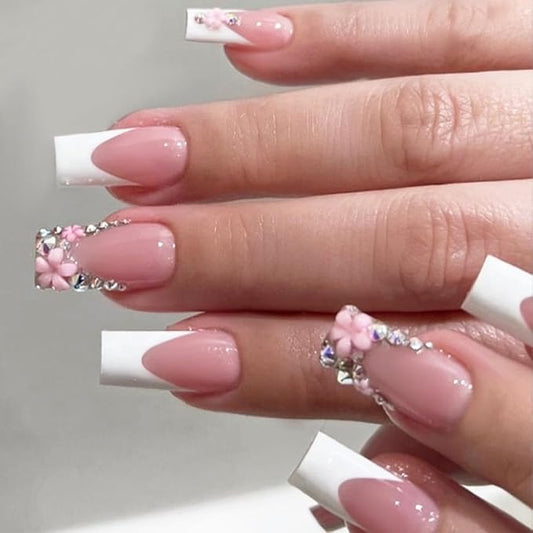 Press on Nails Pink French Fake Nails Medium Rhinestone Square Bling White Nails Glossy False Nail Tips Artificial Nails Luxury Finger Manicure for Women and Girls,24pcs (Square Nails 3)