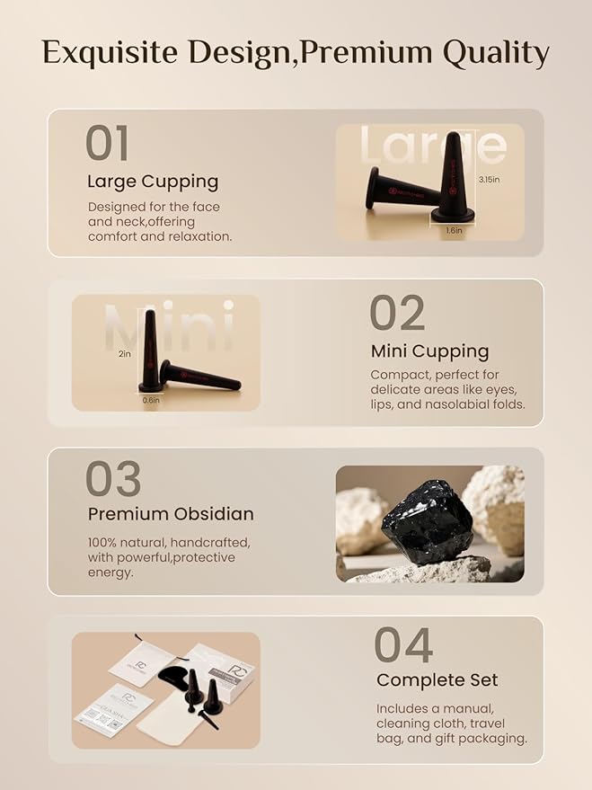 Rena Chris Facial Cupping Set & Gua Sha Facial Tool - Silicone Cupping Set & Obsidian Gua Sha Stone - Face Cupping Therapy Set for Natural Skin Care, Puffiness, Lip Plumping(Black)